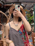 Women Ethnic Summer Patchwork Flower Button Vest Dress
