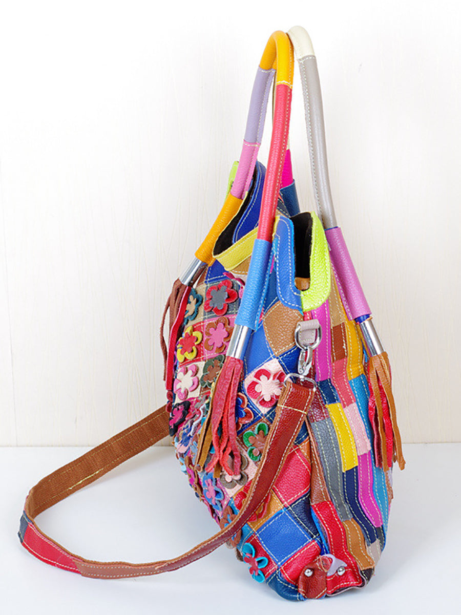 Women Vintage Leather Colorful Flower Spliced Shoulder Bag