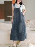 Women Summer Retro Washed Solid Spliced Denim Vest Dress