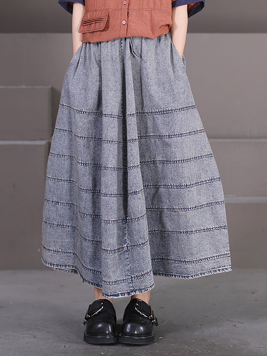 Women Summer Casual Stitching Stripe Pocket Denim Skirt