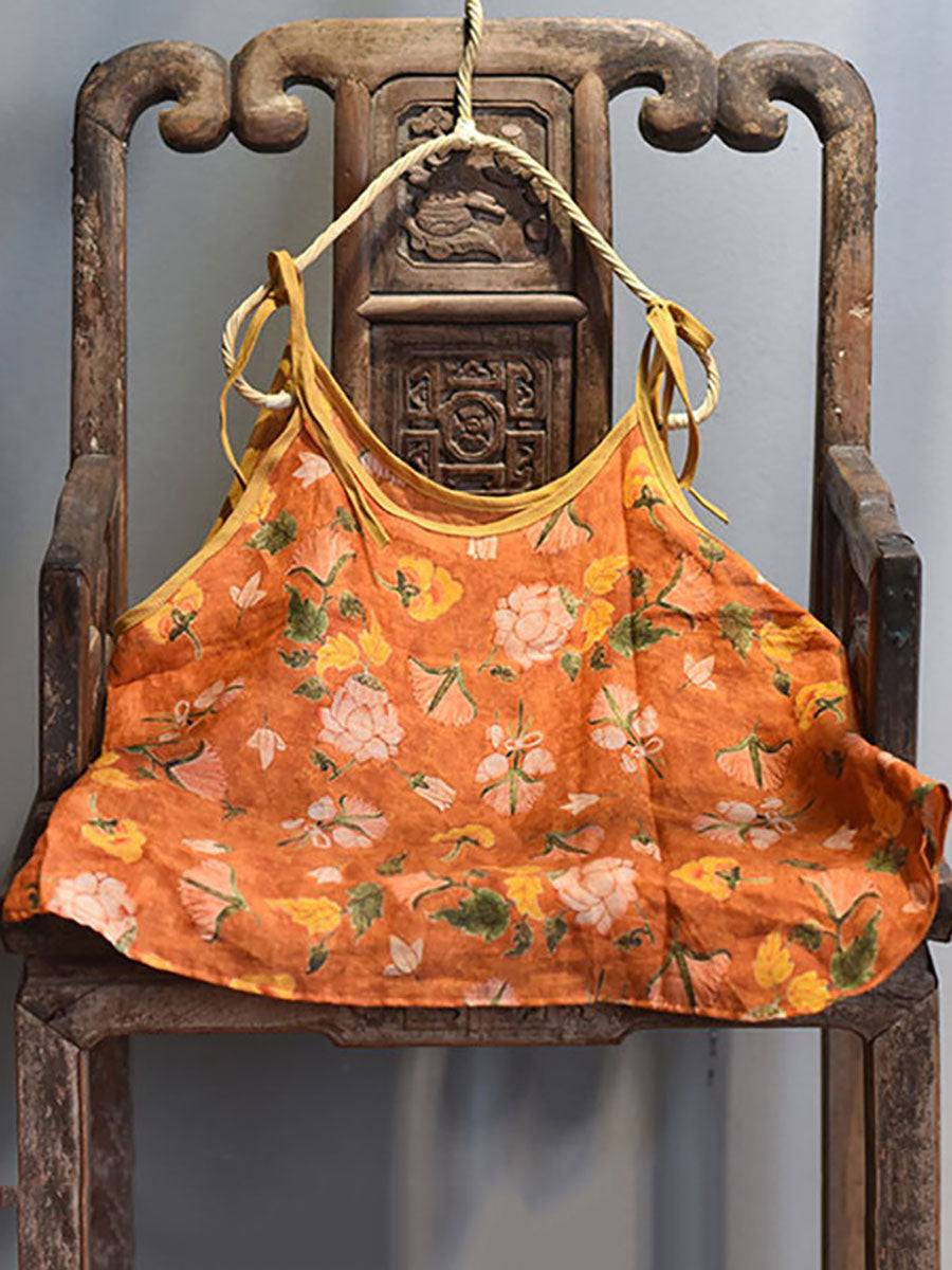 Women Prairie Chic Floral Drawstring Ramie Vest