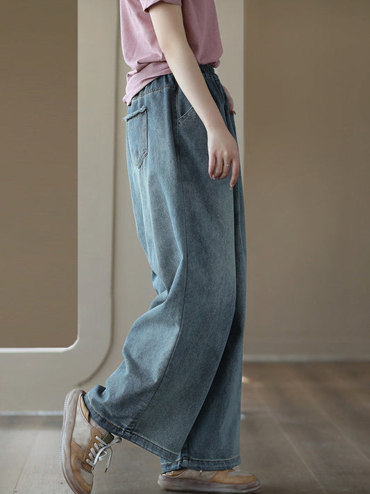 Women Casual Soft Solid Pocket Denim Straight-leg Pants