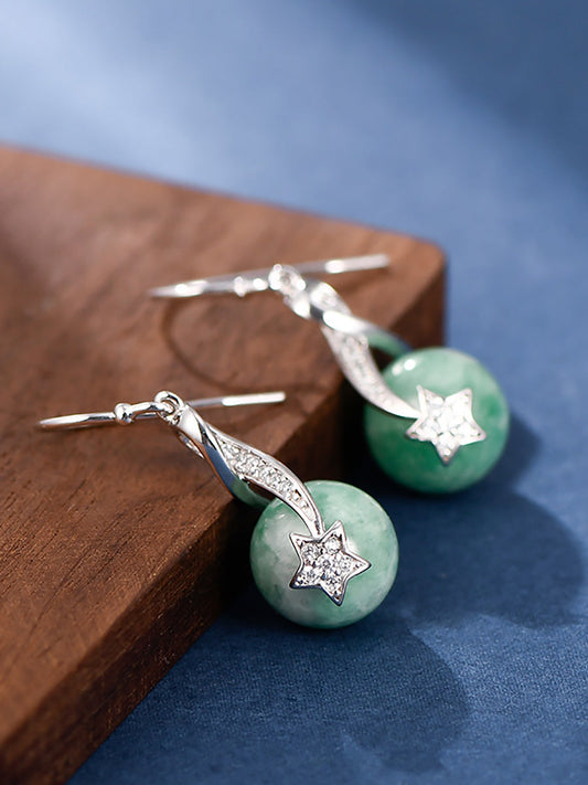 Boucles d'oreilles rondes décontractées en forme d'étoile de jade et de trèfle argenté pour femmes