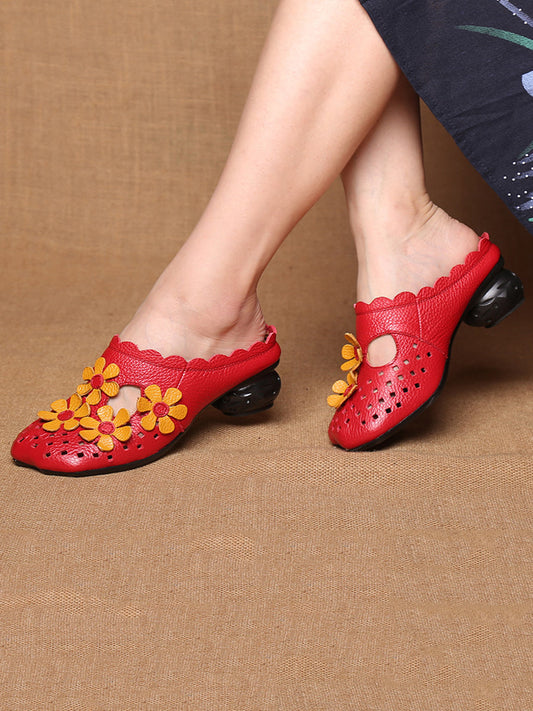 Women Summer Leather Vintage Flower Spliced Slippers