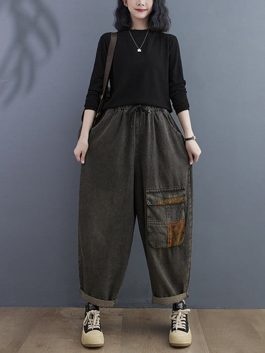Pantalon sarouel en Denim ample épissé Vintage pour femme, hiver