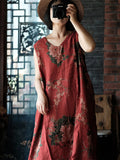 Women Summer Vintage Flower Drawstring Vest Cotton Dress