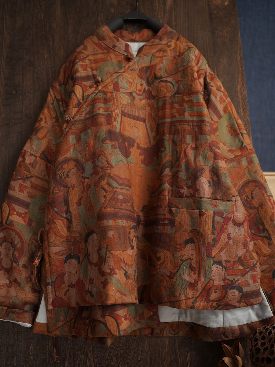 Manteau rembourré en lin à imprimé floral ethnique pour femme