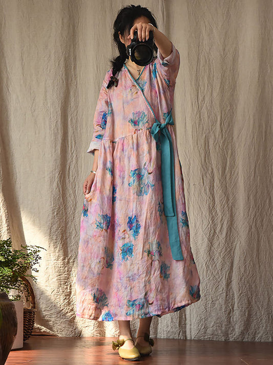 Robe Ramie ample à col en v pour femmes, Vintage, motif floral, cordon de serrage