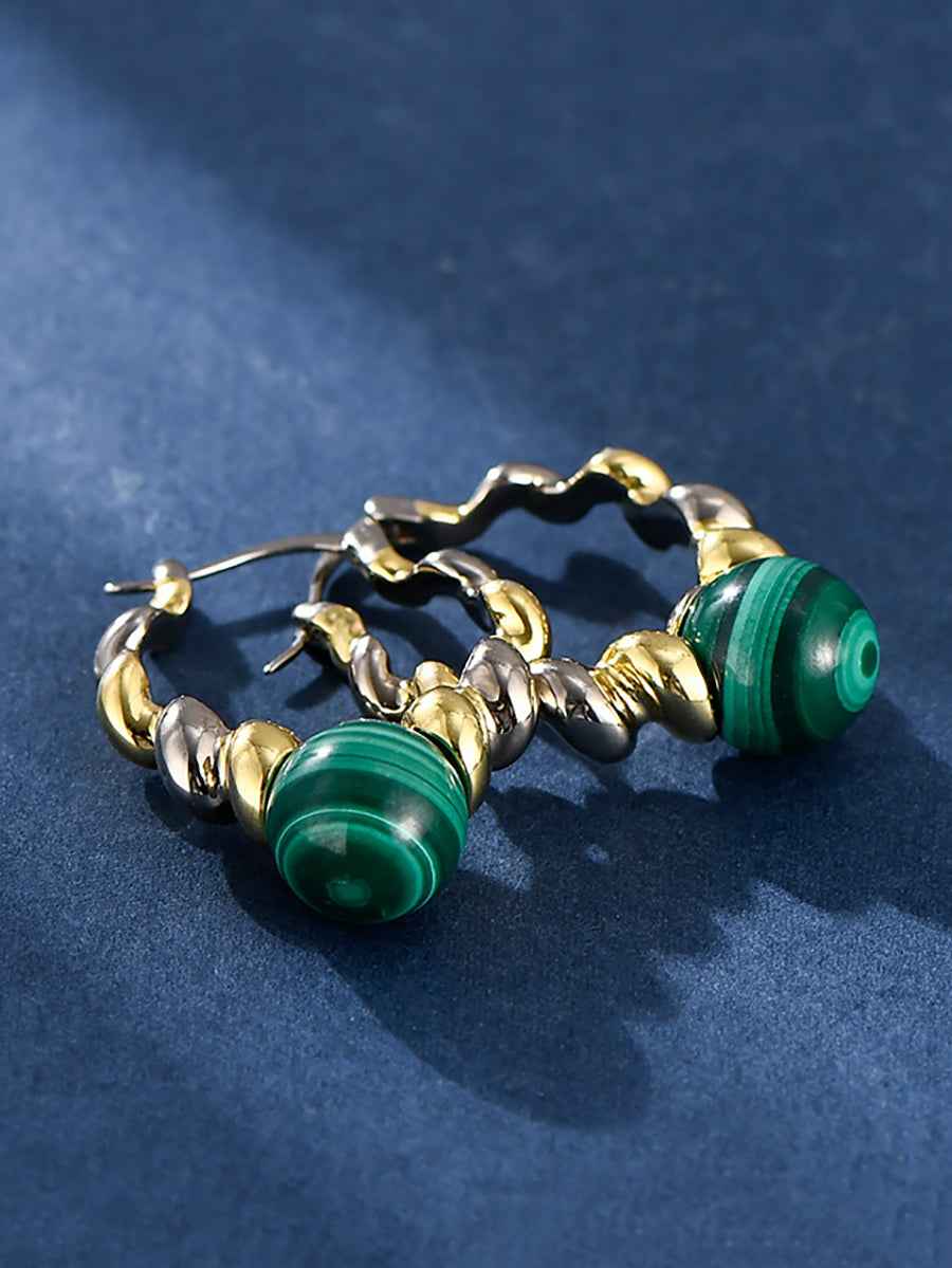 Women Fashion Green Malachite Spiral Sliver Earrings