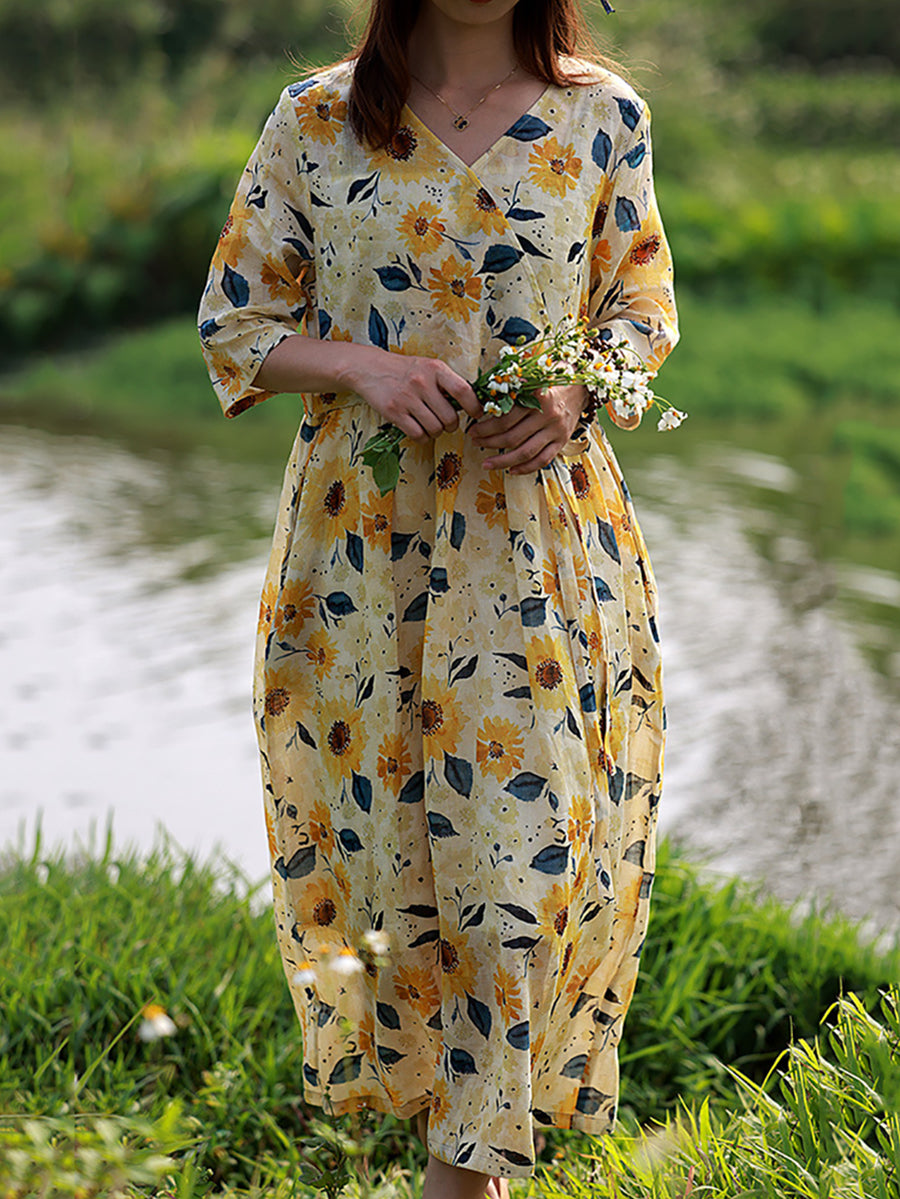 Women Summer Prairie Chic Sunflower V-neck Dress