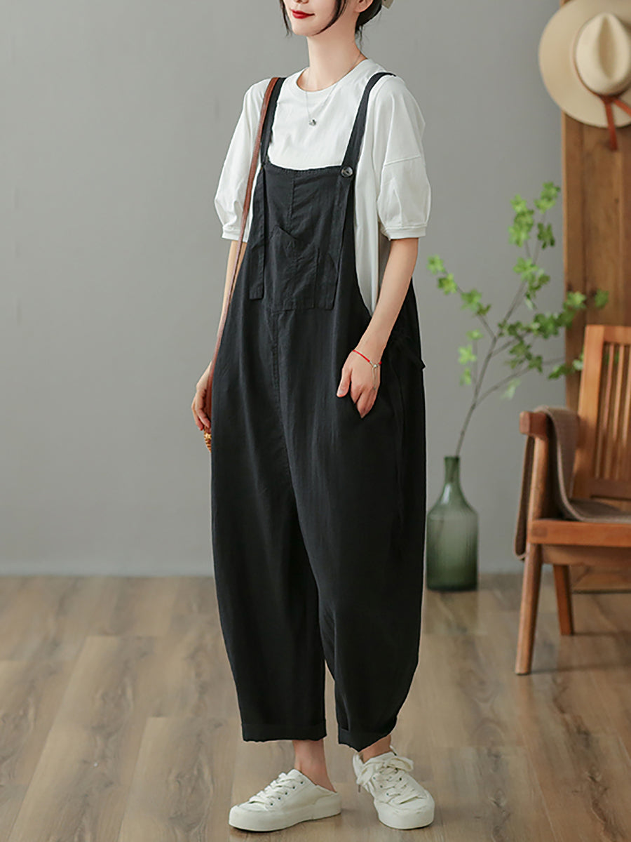 Women Casual Solid Drawstring Button Pocket Loose Jumpsuits