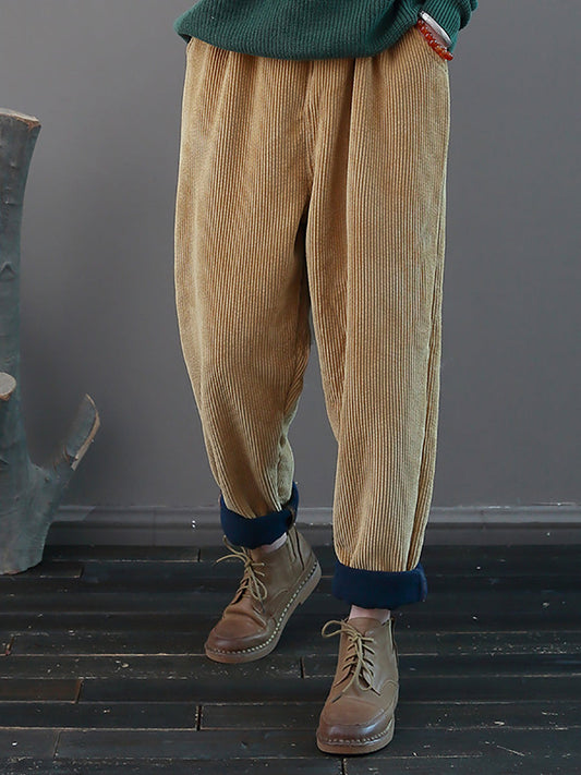 Women Vintage Corduroy Wool Liner Solid Pocket Pants