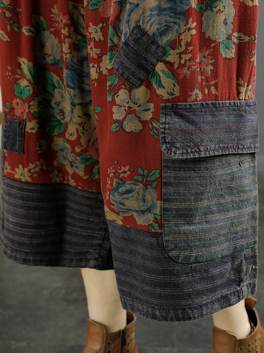 Women Summer Retro Floral Spliced Pocket Button Loose Pants