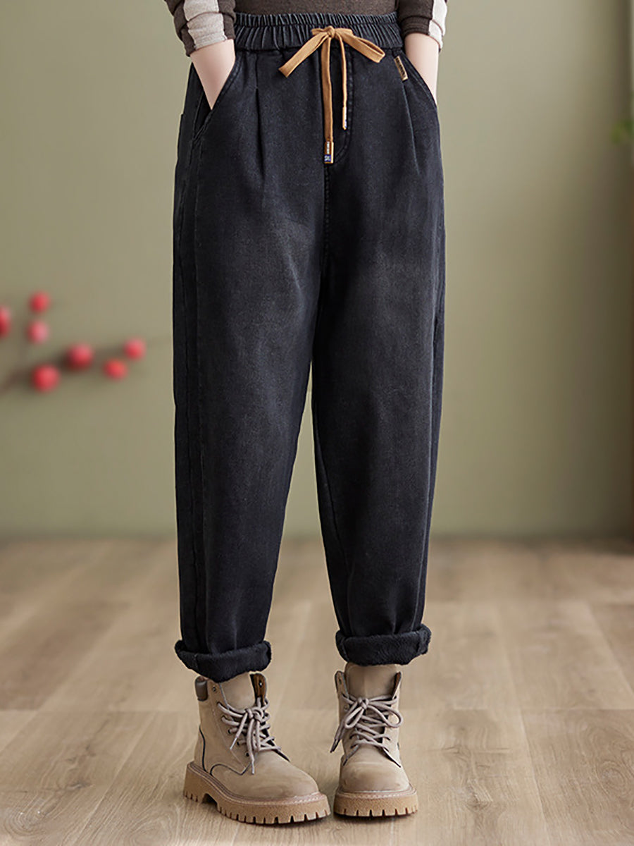 Women Winter Retro Fleece-lined Denim Harem Pants