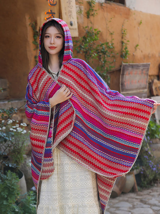 Women Ethnic Colorful Stripe Hooded Shawl