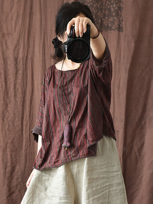 Women Vintage Spring Stripe Flower Cotton Shirt