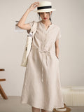 Women Casual Solid Drawstring Button Soft Linen Dress