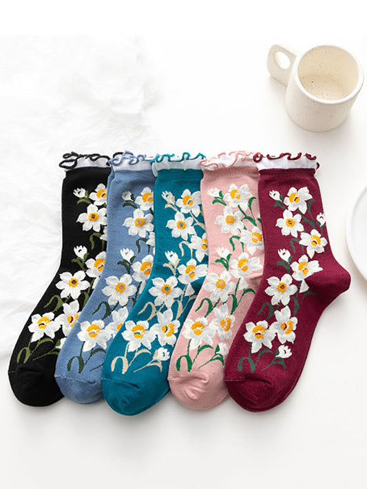 5 Pairs Women Flower Artsy Lacework Socks
