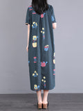 Women Casual Cute Flower Print Button Loose Dress