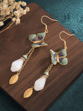 Women Ethnic Butterfly Cloisonne Jade Flower Alloy Earrings