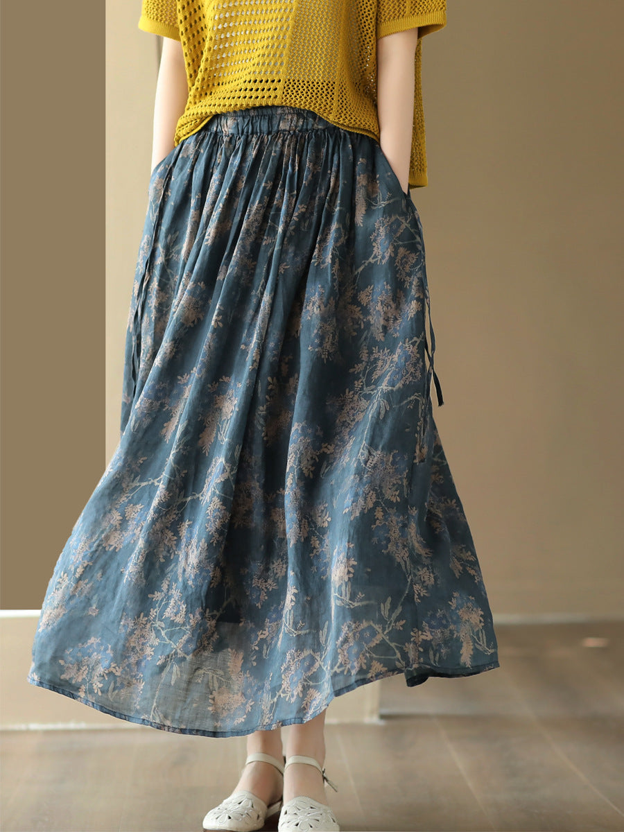 Women Summer Artsy Floral Drwastring Loose Ramie Skirt