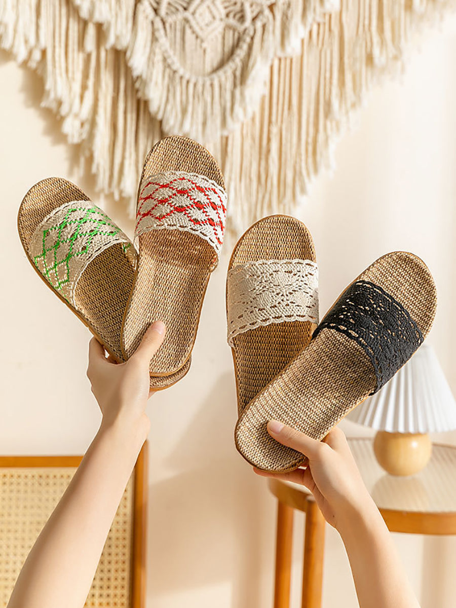 Women Summer Linen Lacework Knitted Indoor Slippers