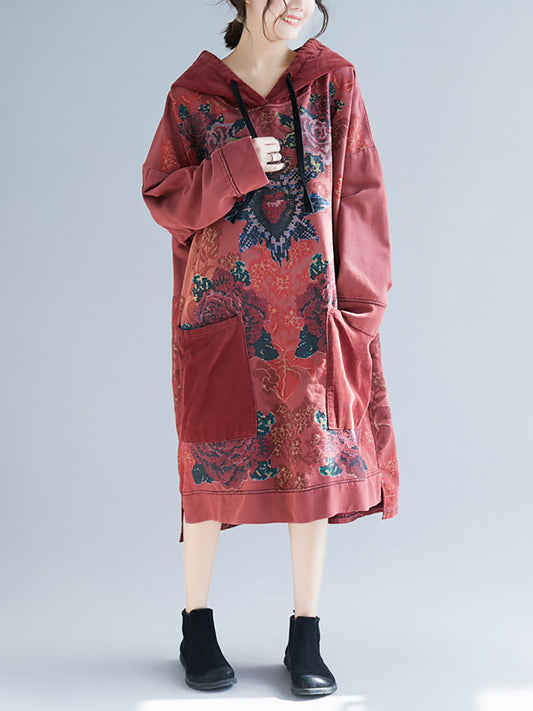 Women Spring Vintage Flower Spliced Hooded Dress