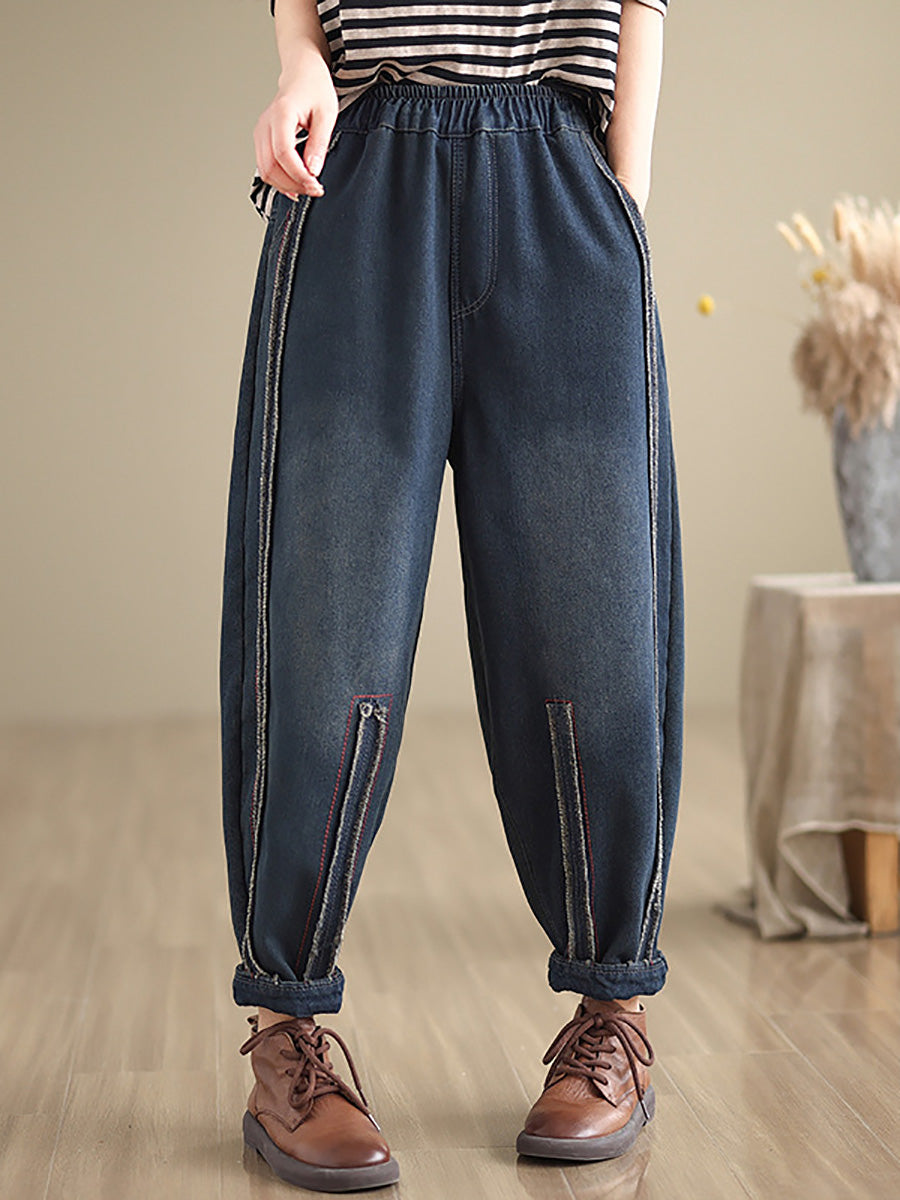 Women Vintage Stitching Washed Denim Pants