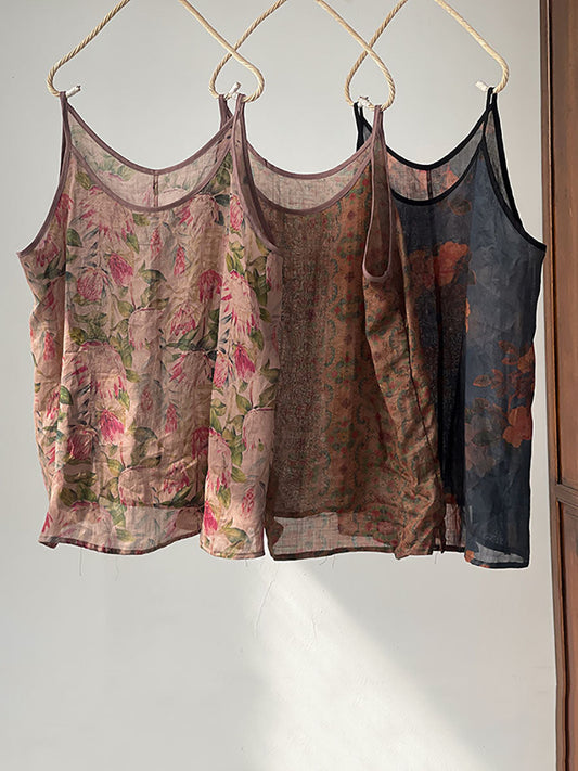 Women Summer Vintage Flower Ramie Thin Vest