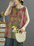 Women Artsy Summer Floral Print Ramie Vest