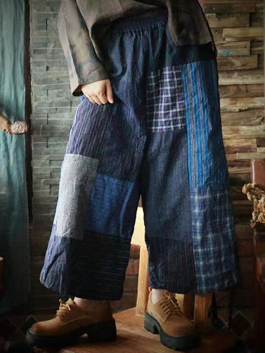 Pantalon en coton à jambes larges épissé avec patch vintage pour femme