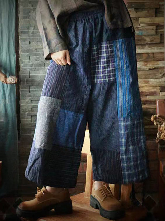 Women Vintage Patch Spliced Wide-leg Cotton Pants