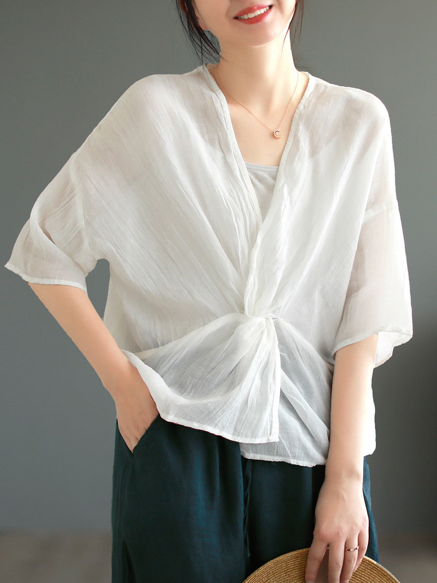 Women Summer Solid Pleat Stitching V-Neck Pullover Shirt
