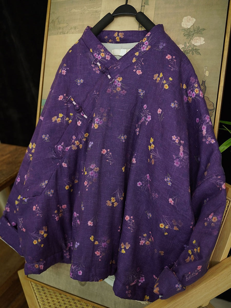 Women Vintage Floral Print V-Neck Linen Padded Coat