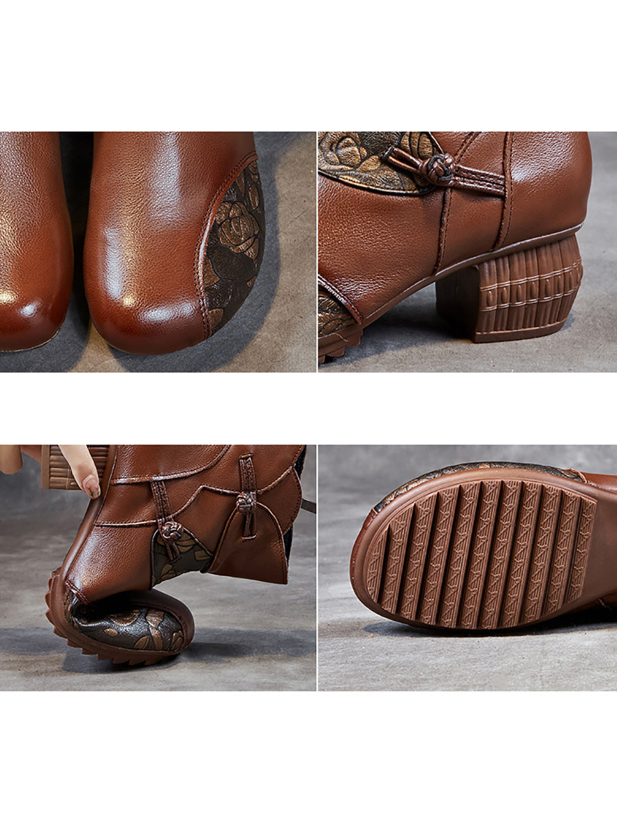 Women Vintage Winter Leather Flower Spliced Ankle Boots
