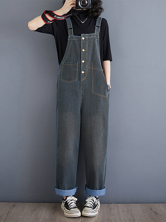 Women Spring Vintage Solid Asymmetrical Denim Jumpsuits