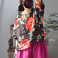 Women Ethnic Spring Flower Print V-Neck Ramie Shirt