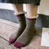 5 Pairs Women Japan Style Color Block Lace Socks