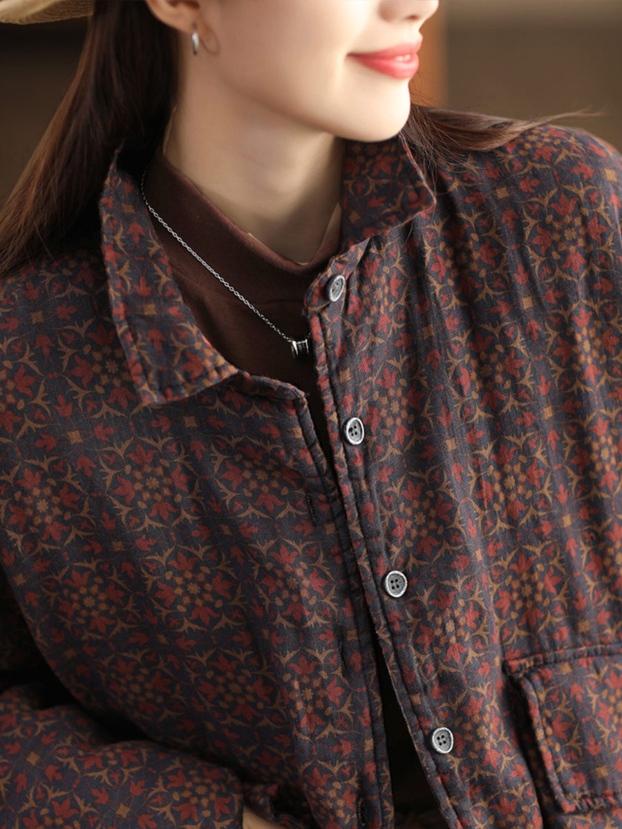 Women Vintage Floral Button Cotton Padded Coat