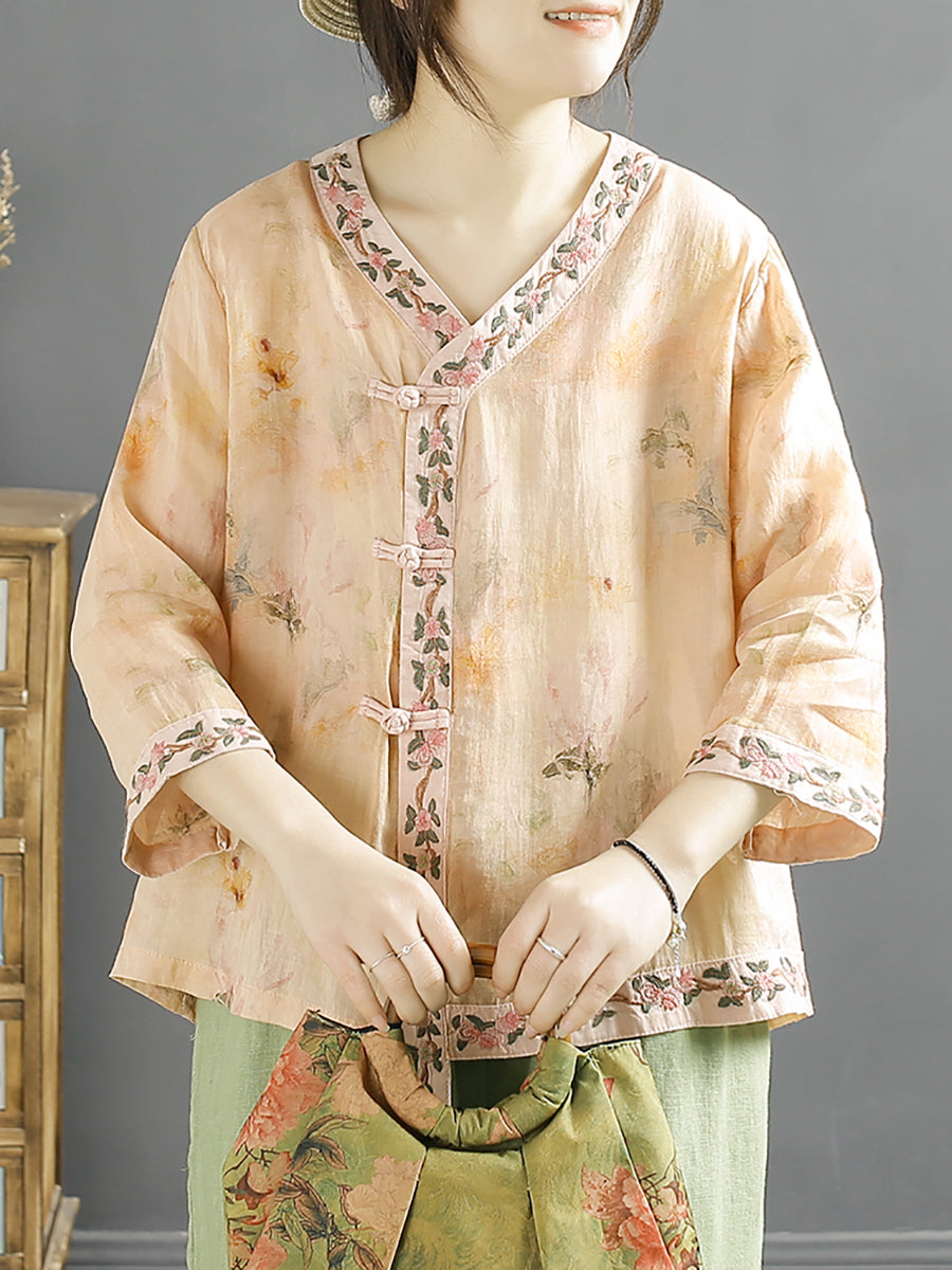 Women Vintage Flower Spliced Ramie Spring Shirt