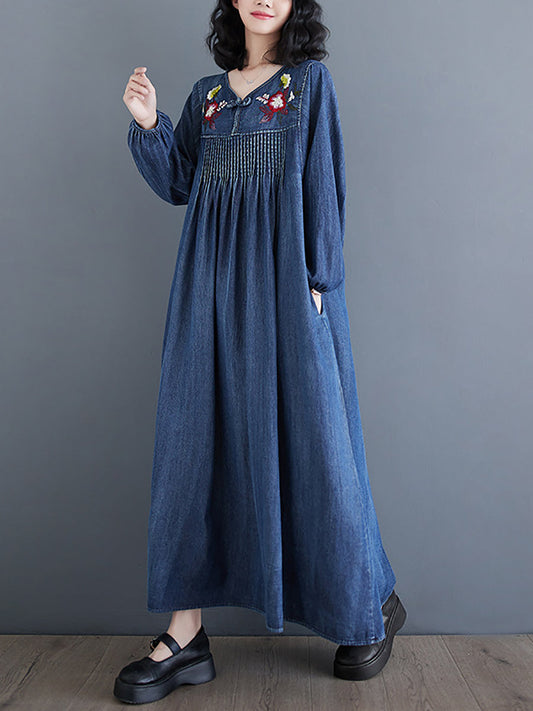 Women Summer Vintage Flower Embroidery Denim Dress