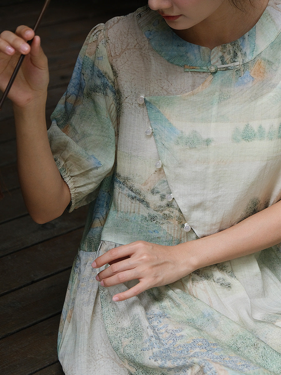 Robe Ramie à poches et boutons imprimés de style national pour femmes