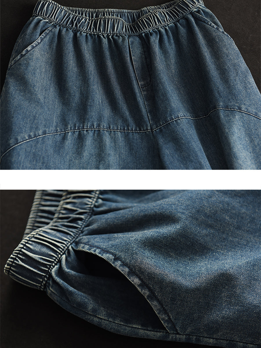 Women Casual Stitching Elastic Waist Pocket Denim Turnip Pants