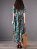 Women Vintage Flower Pleat Drawstring Loose Cotton Dress