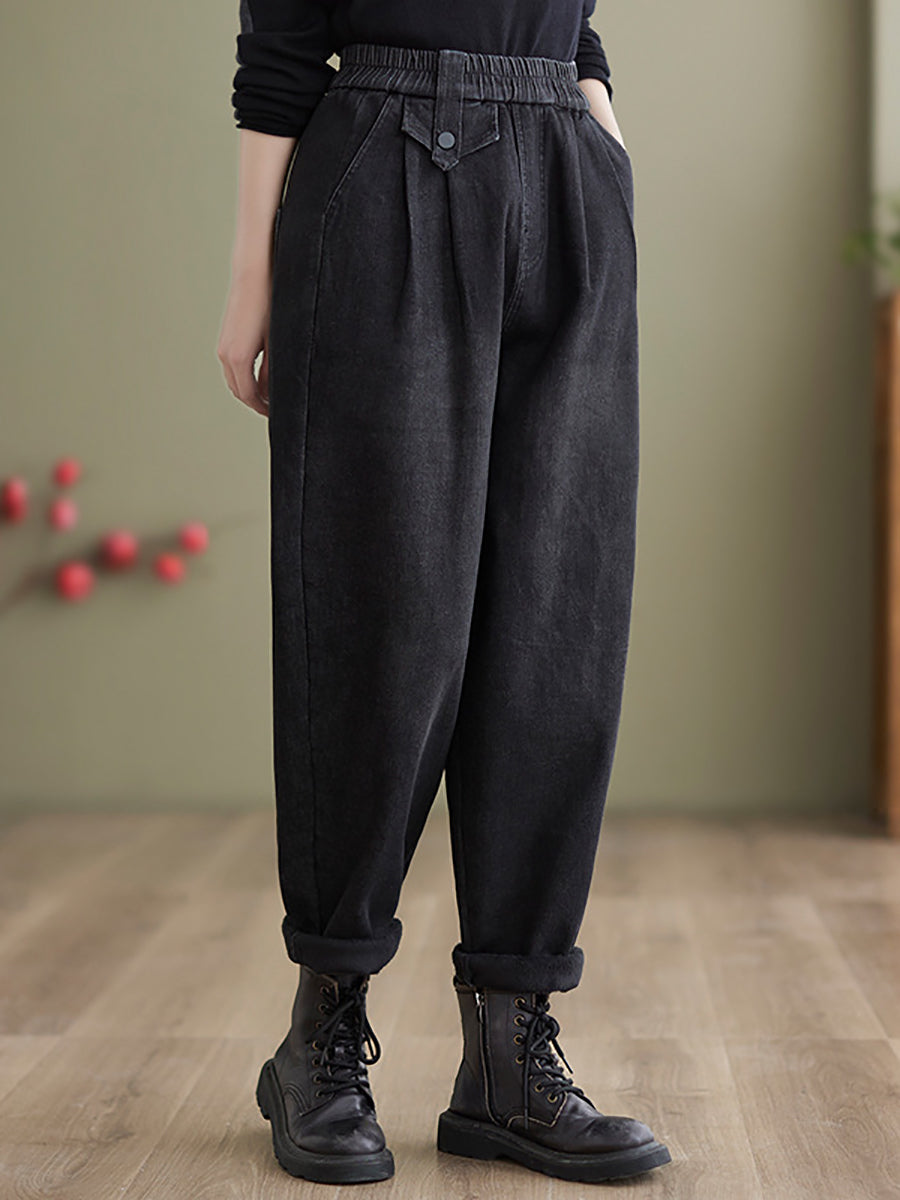 Women Casual Fleece-lined Denim Harem Pants