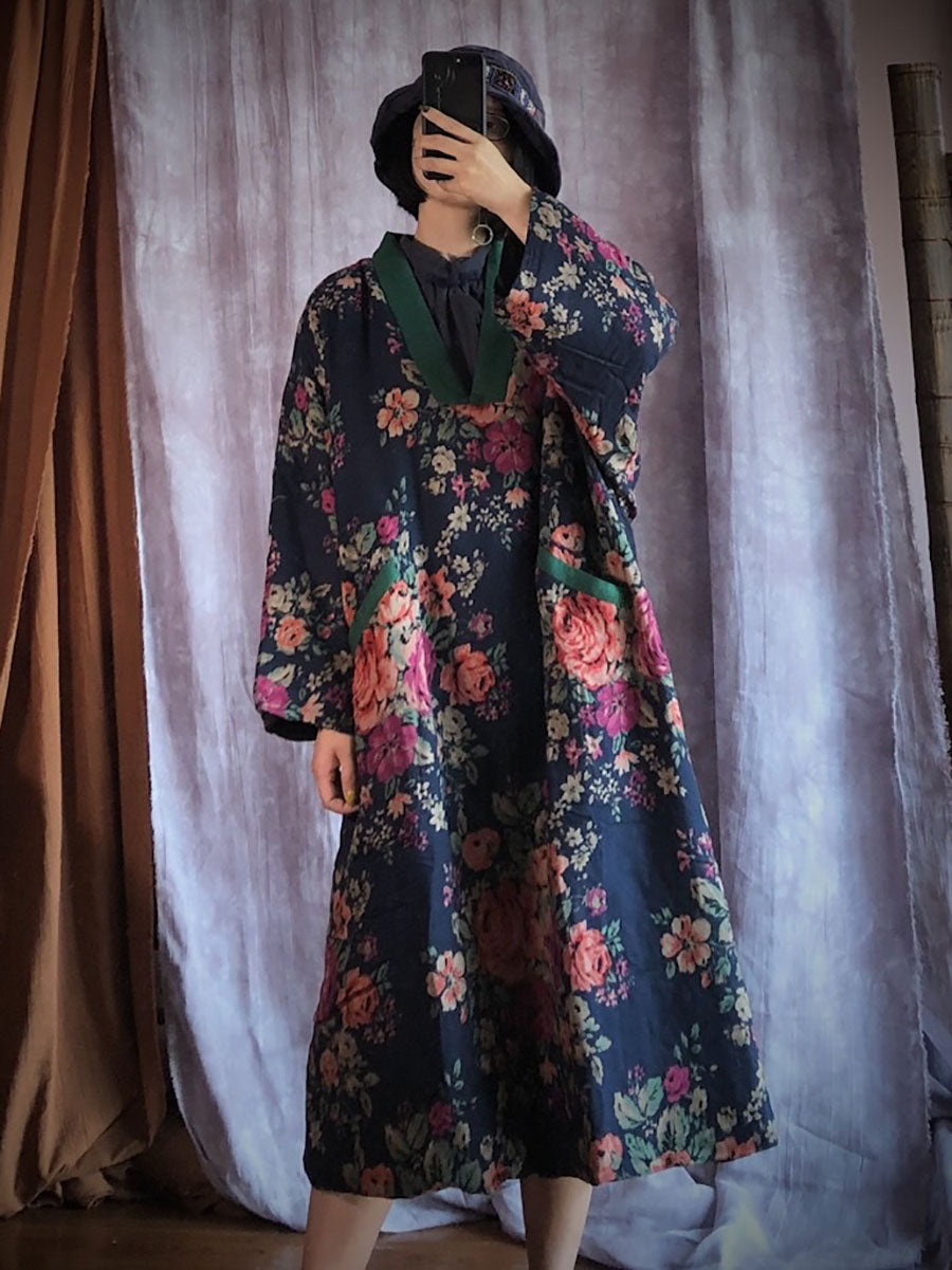 Women National Floral Print Spliced Pocket Loose Dress