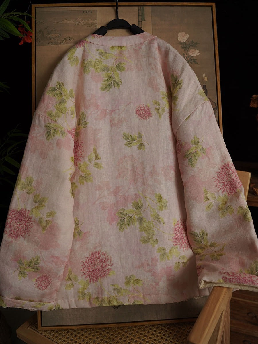Women Winter Artsy Flower Pink Linen Coat