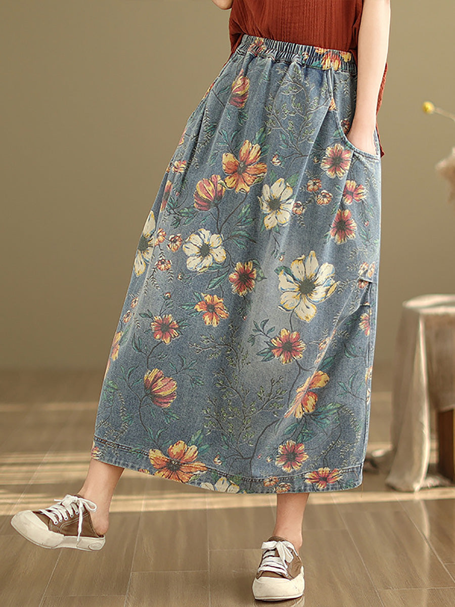 Women Artsy Flower Loose Summer Denim Skirt