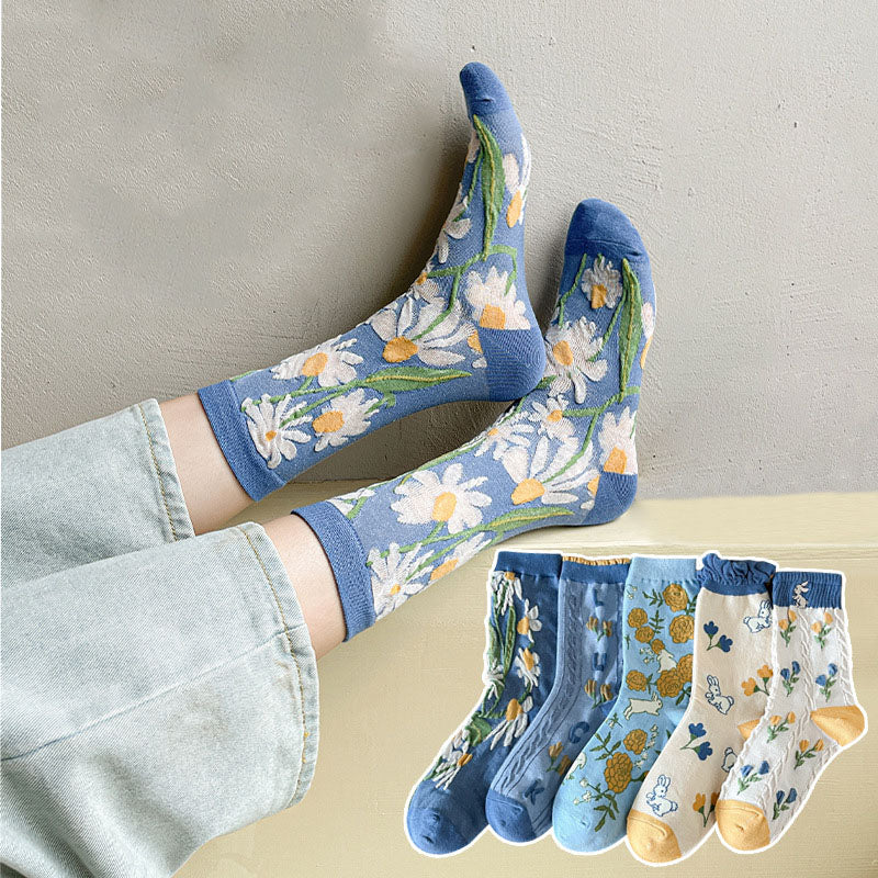 5 Pairs Women Sweet Floral Jacquard Rabbits Socks