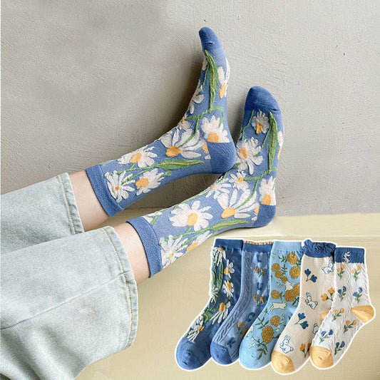 5 paires de chaussettes en jacquard floral doux pour femmes, lapins